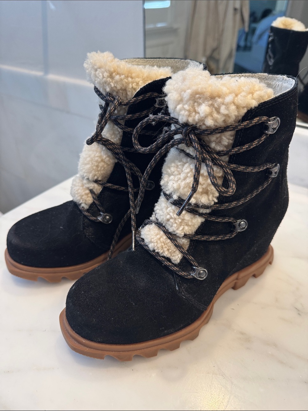 Sorel Black Suede Lace-Up Winter Boots with Cream Shearling Trim